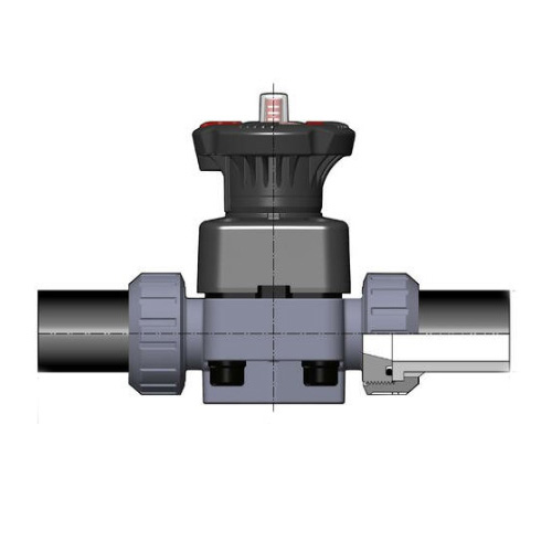 PVC-U Membranventil DK DIALOCK®, Verschraubung mit PE100-LS-Stutzen, EPDM