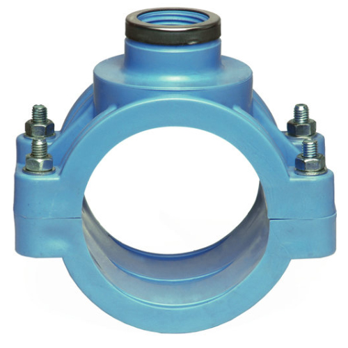 PP Klemmverbinder Typ UNIDELTA für PE Rohre, Anbohrschelle blaue Ausführung, mit Verstärkungsring